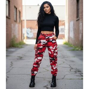 Camo Cargo Pants Womens XS Red Combat Joggers Urban Streetwear Y2K Gorpcore Punk
